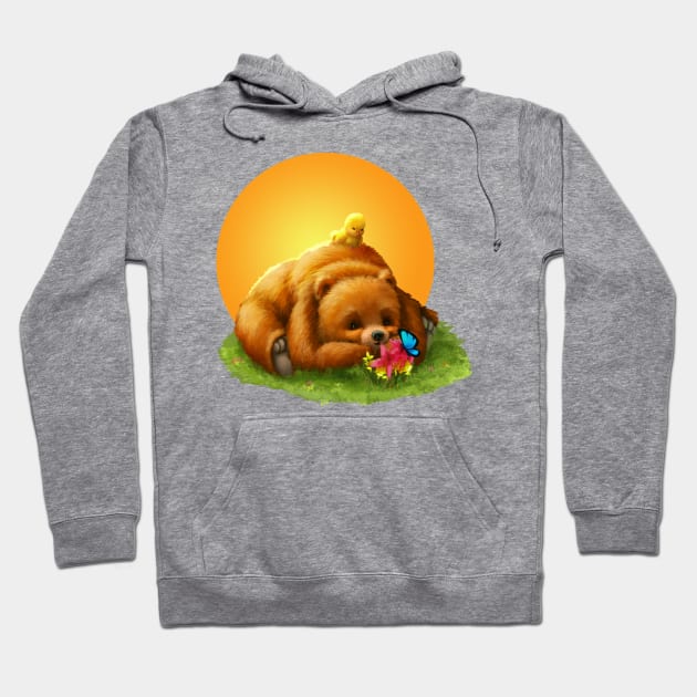 Cute Grizzly Bear and Yellow Bird in Sunset Hoodie by Irene Koh Studio